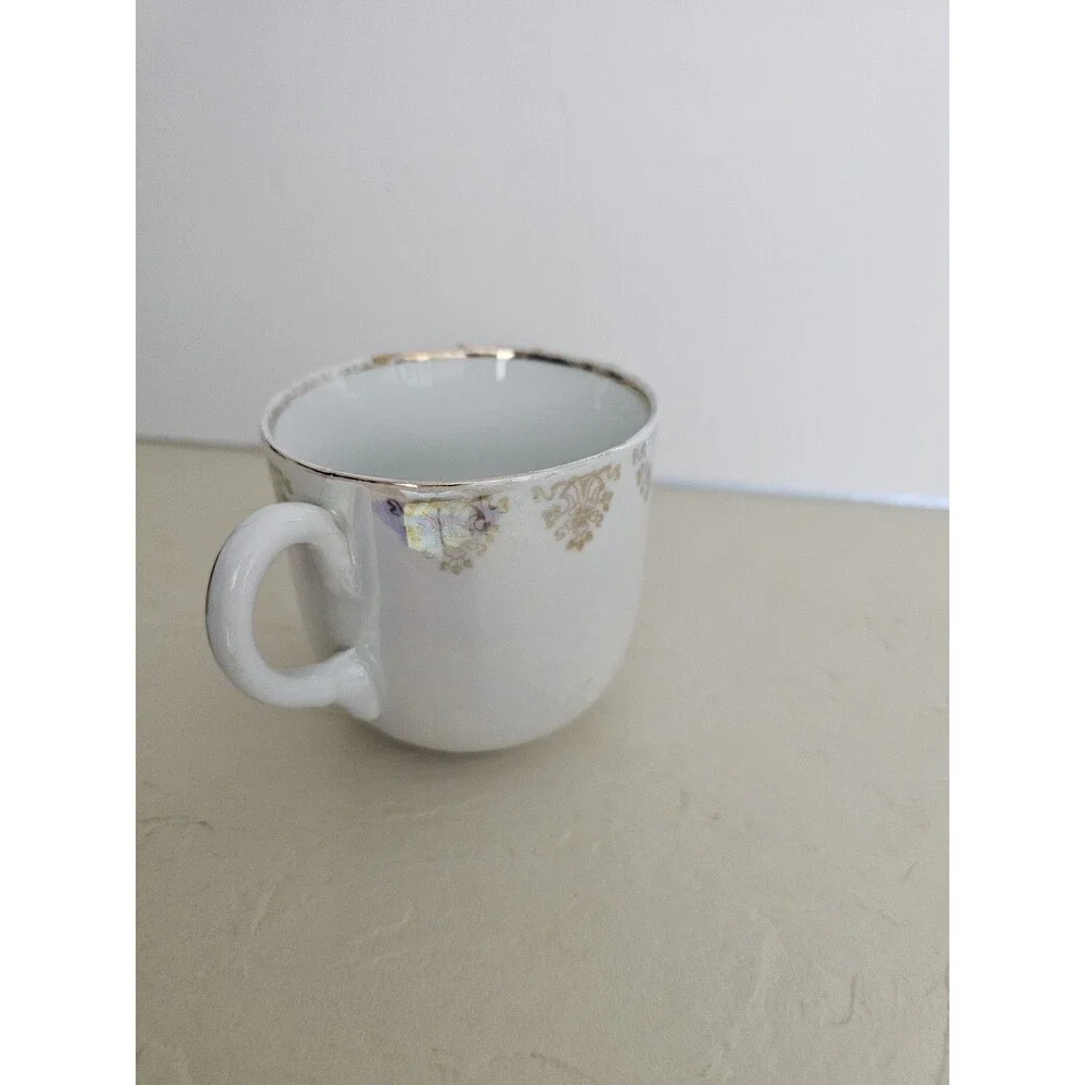 Vintage German Iridescent Cup With Flowers, Fruit, and Gold Details